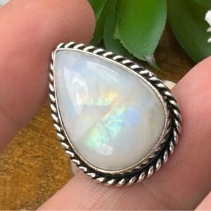 Top Quality Rainbow Moonstone Ring Size 8 3/4 Pear Sterling Silver 925 Overlay